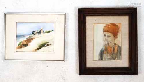 Two Unsigned Watercolors: Portrait and Seas…