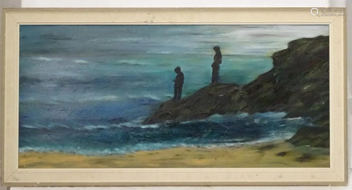 NH, 39, Oil on board, Children on the rocks at sea's