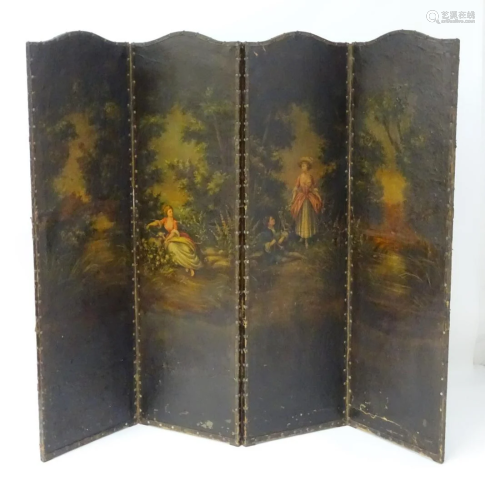 An early 20thC painted four fold screen with metal s…