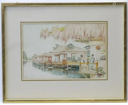 JES monogram, Chinese School, Watercolour, Figures on