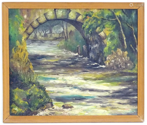 XX, English School, Oil on board, A stone arch bridge