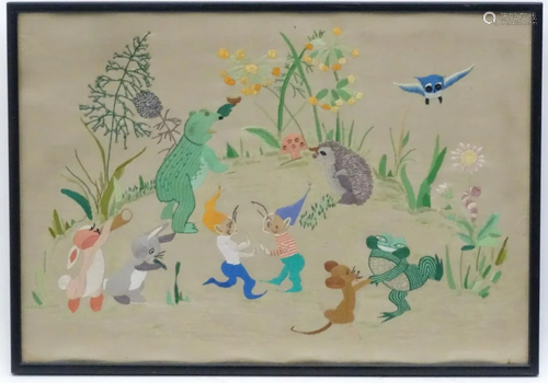 XX, Embroidery on silk, A cartoon scene with elves,