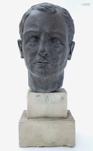 A 20thC composite bust of a man with a bronzed fin…