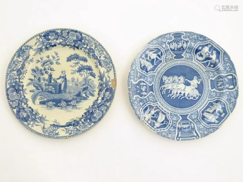 Two 19thC blue and white Spode plates, one dec…