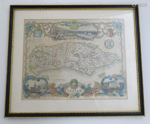 A hand coloured map of Sussex, with depictions of…