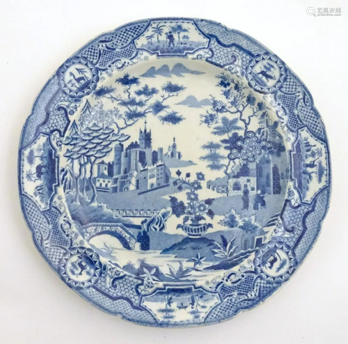 A Spode blue and white plate decorated with a stylised