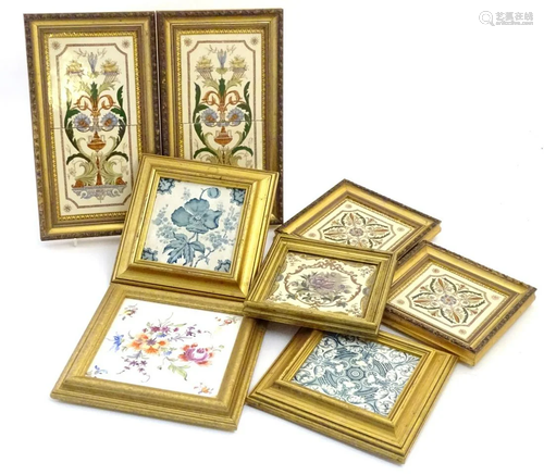 A quantity of assorted decorative framed tiles, a blue