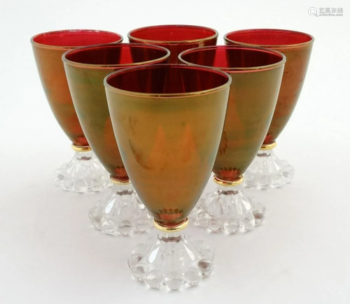 Retro Glass : a set of 1950's 6 red glasses with gilt