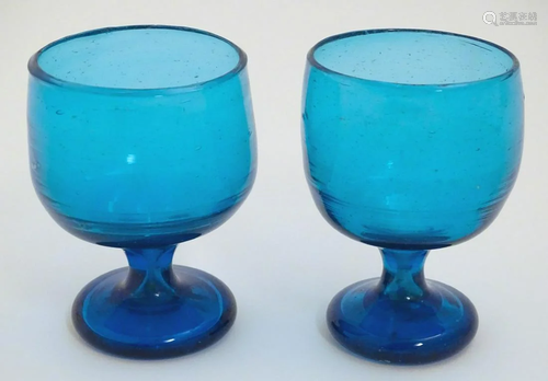 Two 19thC turquoise soda glass pedestal drinking