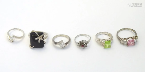 6 assorted silver / white metal rings