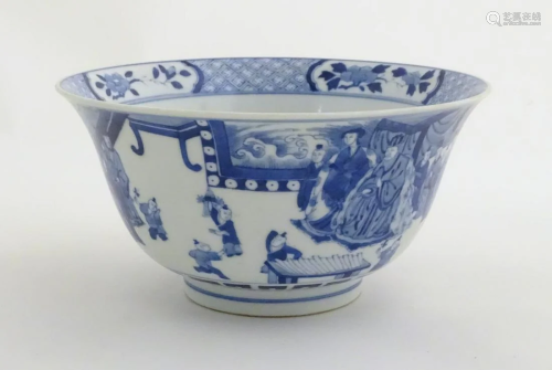 A Chinese blue and white footed bowl with a fla…