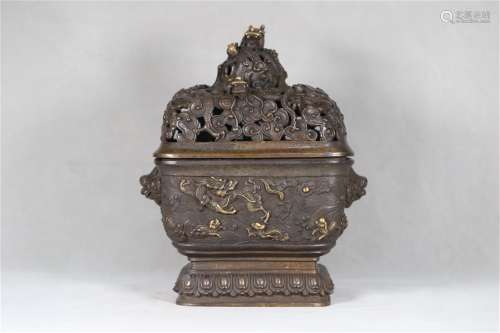 An Ancient Chinese Bronze Gilt Censer Carved with the Pattern of Dragons