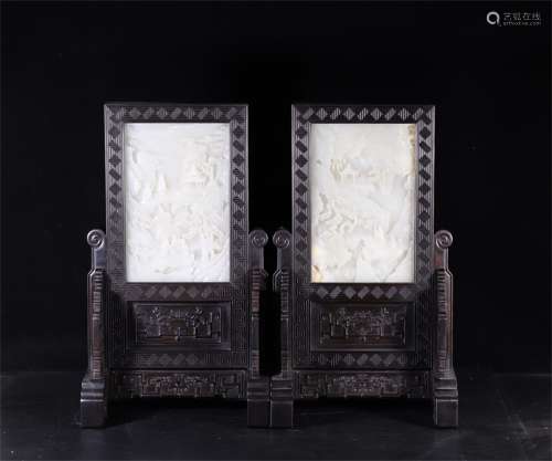A Pair of Chinese Table Screens Carved with Landscape Made of Hetian Jade