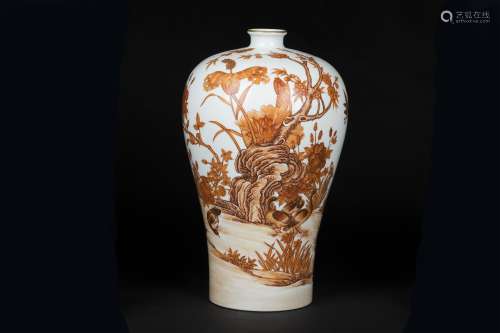 An Ancient Red Chinese Porcelain Vase Painted with Birds and Wintersweet