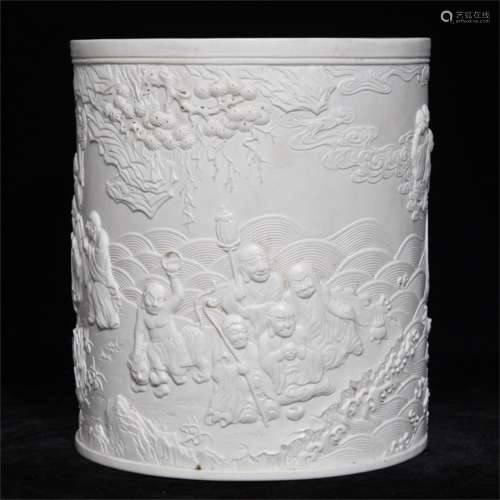 An Ancient White Glaze Chinese Porcelain Brush Pot with the Pattern of The Eighteen Arhat
