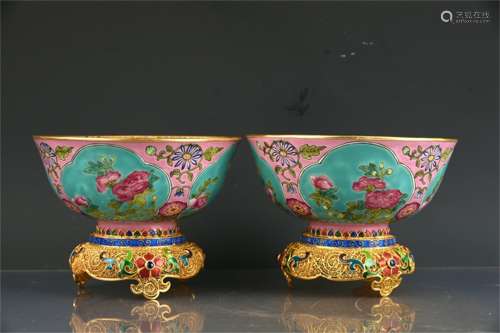 A Pair of Ancient Cloisonne Enamel Chinese Porcelain Bowls