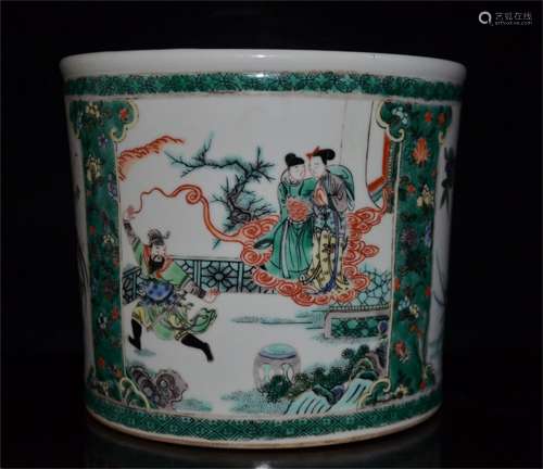 An Ancient Colorful Chinese Porcelain Brush Pot Painted with a Story