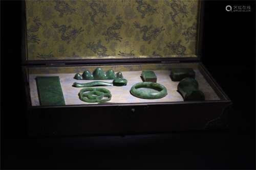 A Set of Ancient Chinese Study Tools Made of Green Hetian Jade