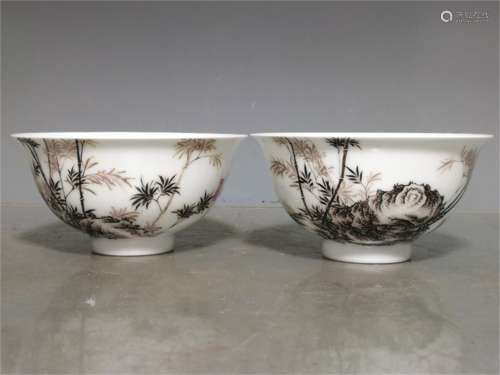 A Pair of Ancient Chinese Porcelain Bowls Painted with Bamboo in the Color of Ink