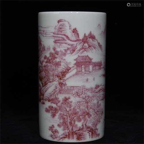 An Ancient Carmine Chinese Porcelain Brush Pot Painted with the Landscape