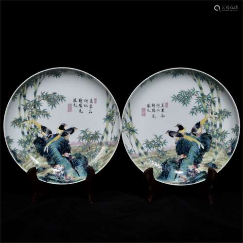 A Pair of Ancient Enamel Chinese Porcelain Plates Painted with Bamboo and Birds