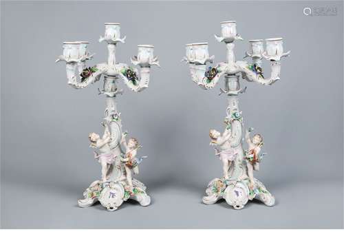 A Pair of French Angel Porcelain Carving Decoration Candlesticks