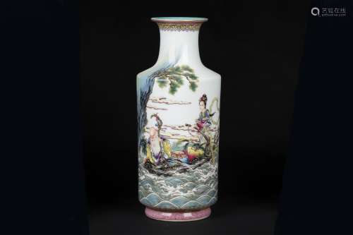 An Ancient Pastel Chinese Porcelain Vase Painted with a Story