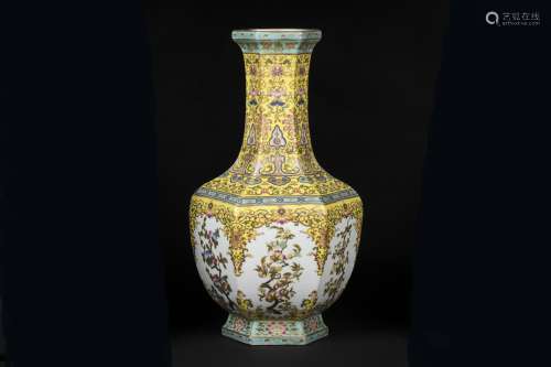 An Ancient Yellow Pastel Chinese Porcelain Hexagonal Vase