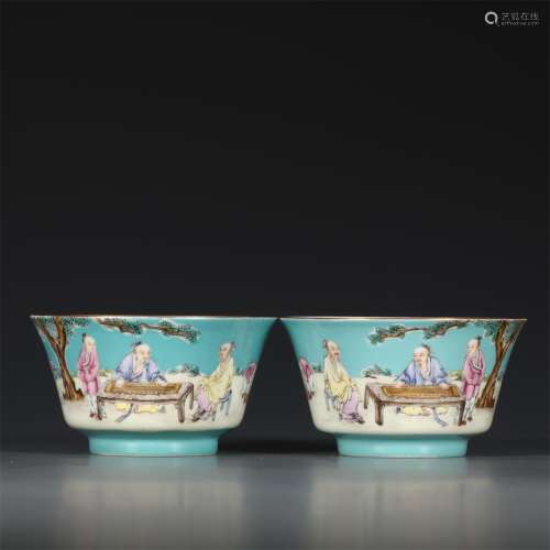 A Pair of Ancient Pastel Chinese Porcelain Horse-hoof Cups Painted with a Story