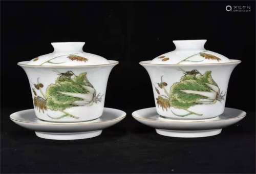 A Pair of Ancient Enamel Chinese Porcelain Cups with the Meaning of Wealth