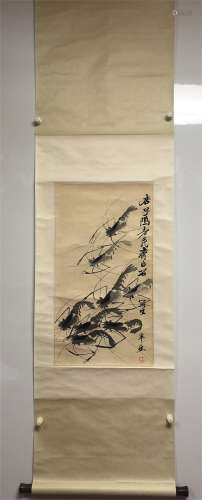 A Chinese Scroll Painting by Qi Baishi of Shrimp