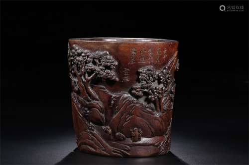 An Ancient Chinese Wooden Brush Pot Carved with the Poem