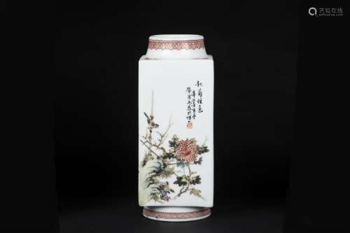 An Ancient Pastel Chinese Porcelain Square Vase Painted with the Bird, the Flower and the poem