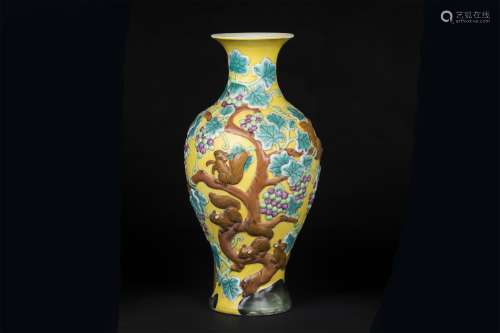 An Ancient Yellow Pastel Chinese Porcelain Vase Painted with the Pattern of Grapes