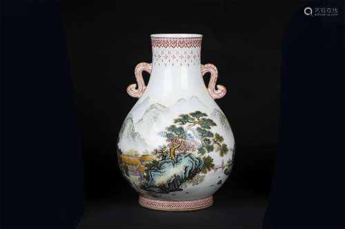 An Ancient Pastel Chinese Porcelain Vase Painted with the Household in Landscape