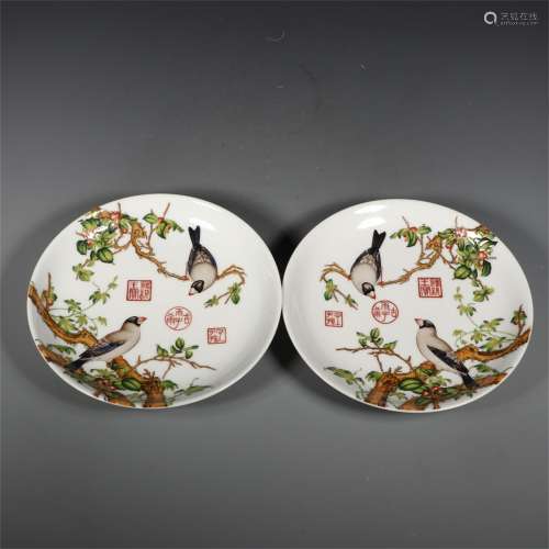 A Pair of Ancient Enamel Chinese Porcelain Plates Painted with Flowers and Birds