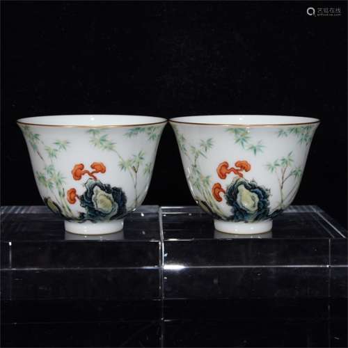 A Pair of Ancient Pastel Chinese Porcelain Cups Painted with the Landscape
