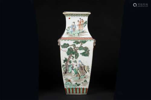 An Ancient Colorful Chinese Porcelain Square Vase Painted with a Story