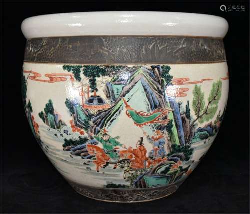 An Ancient Colorful Chinese Porcelain Giant Vat Painted with a Story