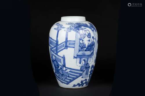 An Ancient Blue and White Chinese Porcelain Pot Painted with a Story