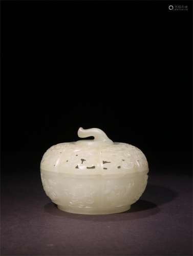 A Chinese Hetian Jade Box in the Shape of Pumpkin