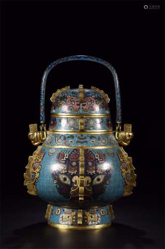 An Ancient Cloisonne Enamel Chinese Bronze Gilt Censer with Swing Handle