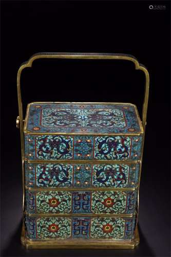 An Ancient Cloisonne Enamel Chinese Bronze Gilt Box with Swing Handle