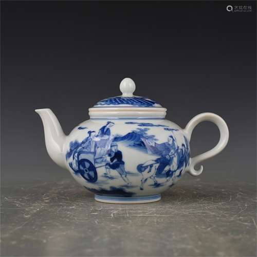 An Ancient Blue and White Chinese Porcelain Teapot Painted with a Story