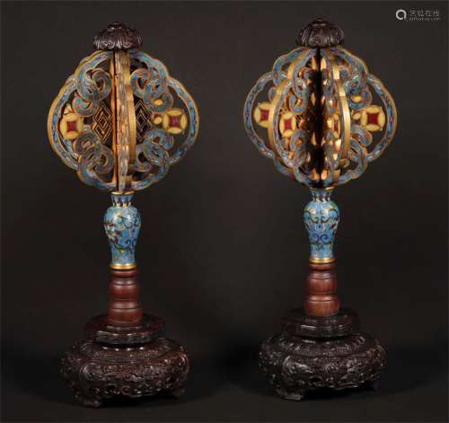 A Pair of  Cloisonne Enamel Chinese Bronze Gilt Decorations