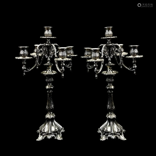 Pr Antique Silvered 5 Lamp Candlabra