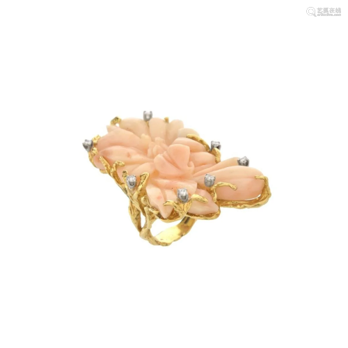 Coral, Diamond and 18K Ring