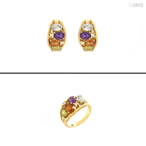 Multi Gemstone and 18K Ring and Earrings