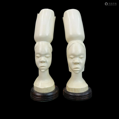 Pr. Antique Carved African Ivory Busts