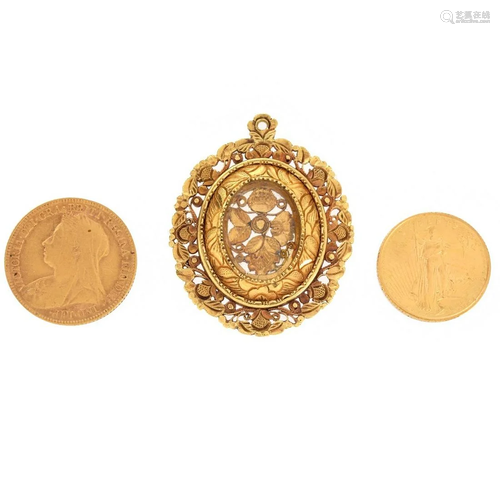 Two Gold Coins and 18K Pendant